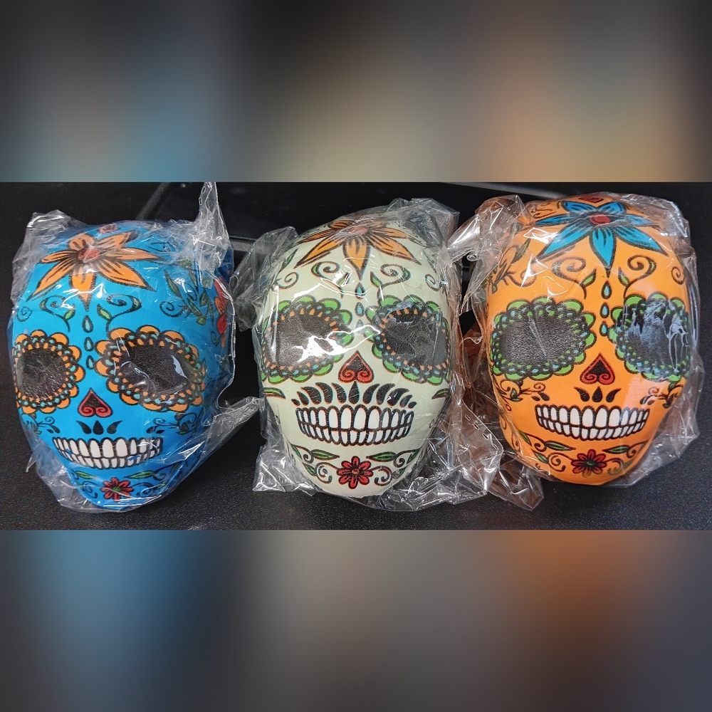 Decorative Sugar Skull Ceramic Figurines - Blue, White, Orange
